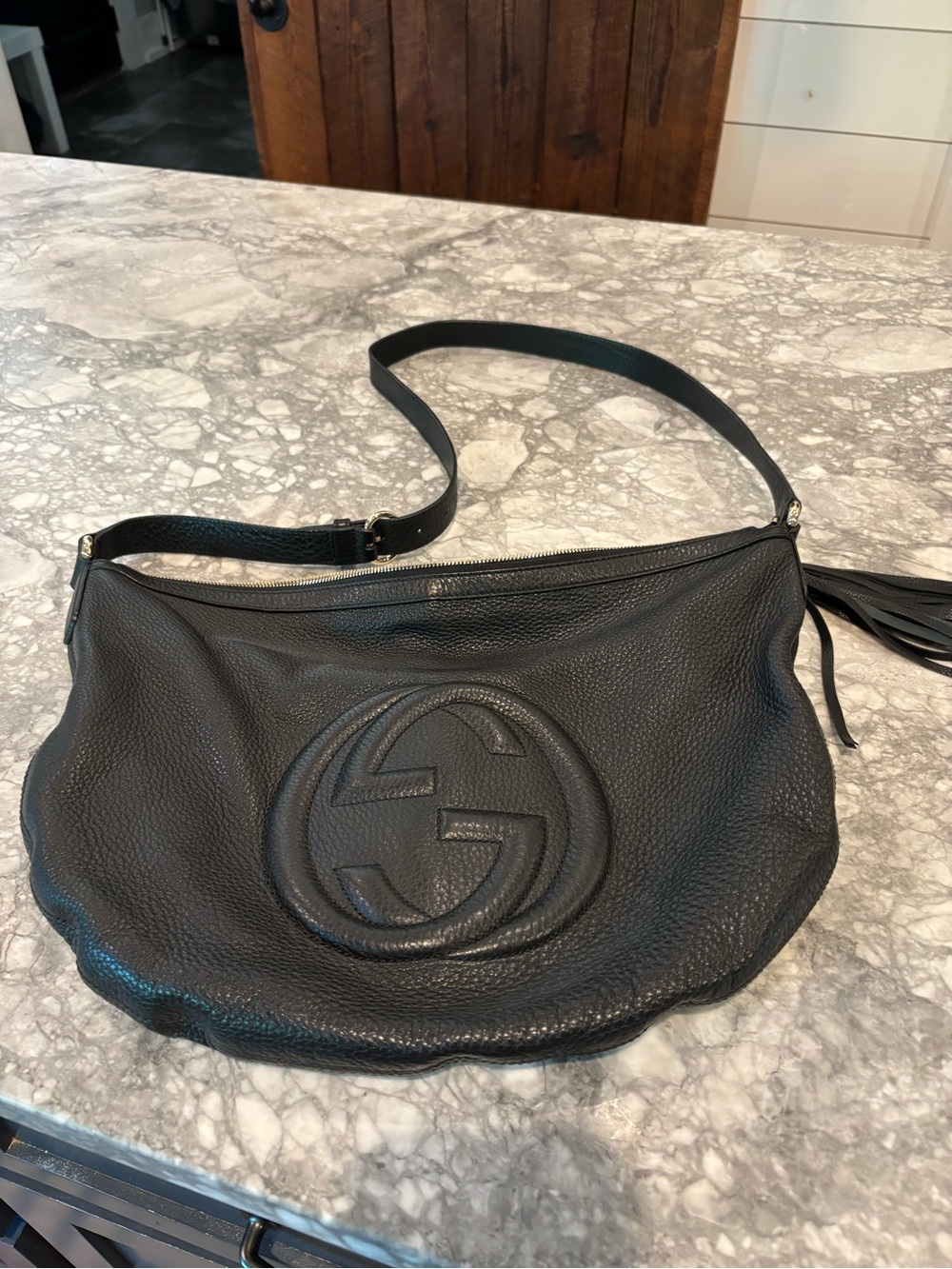 Gucci Black Pebbled Leather Hobo with Embossed GG